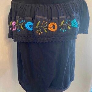 Women’s Black Off-Shoulder Top with Floral Embroidery (Size M)